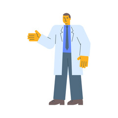 Obraz premium Doctor in robe points hand and smiles