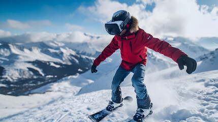 Fototapeta na wymiar Photograph of one man snowboarding wearing a VR headset.