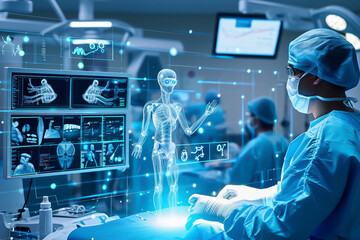 
Collage of various AI technologies being used in a surgical setting, such as robotic arms, computer screens displaying AI algorithms, and surgeons consulting AI interfaces
