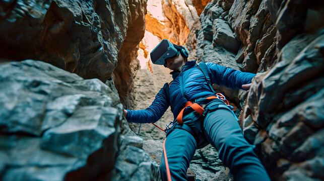 Photograph of one man rock climbing wearing a VR headset.