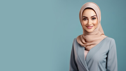 Arab Hijab woman in hotel staff uniform isolated on pastel background