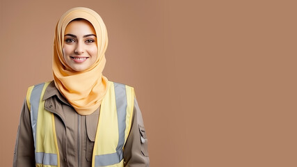 Arab hijab woman in public transportation uniform on pastel background
