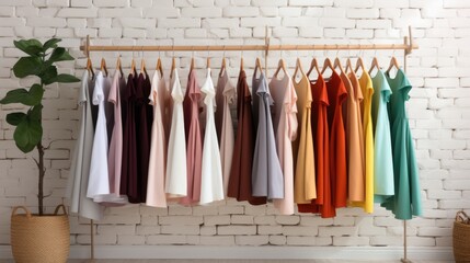 Row of different colorful female clothes hanging on rack