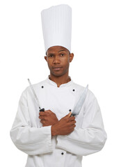 Black man, chef and portrait with knife sharpener in studio isolated on a white background. Face, cooking professional or blade, metal steel tool or utensil for serious catering service in restaurant