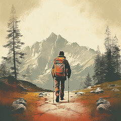 Obraz premium traveler against the backdrop of mountains, with trekking poles and a backpack in retro style