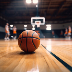 Close shot of a basketball on the court floor