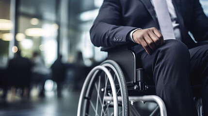 Fototapeta premium A businessman on a wheelchair in a professional workplace environment.