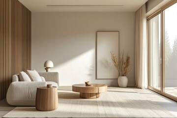 Minimalist living room interior with clean lines, neutral colors, and a focus on essential furniture, excluding any plant elements