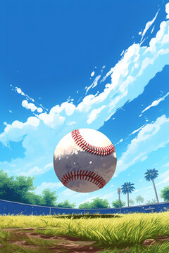 An anime depicting a baseball ball soaring into the air.