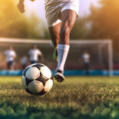 Naklejka premium A close-up photo of a leg trying to kick a soccer ball in the background of a grass soccer field.