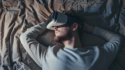 Obraz premium Photograph of one man sleeping in bed wearing a VR headset.