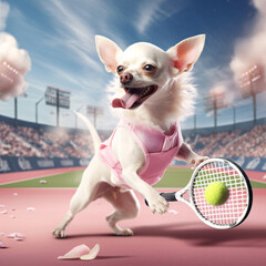 A white chihuahua playing tennis.