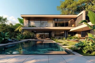 Fototapeta premium Modern house exterior with a sleek design, large windows, and a spacious swimming pool surrounded by lush landscaping