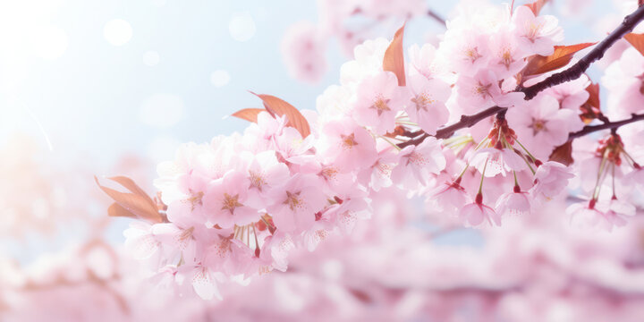 Blossoming Cherry Tree: A Delicate Pink Beauty in Nature, Embracing the Springtime Freshness with Fragile Petals and Soft White Buds against a Blue Sky Background