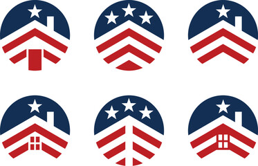 Stars and Stripes Home Logos Set - A Collection of Circle-Shaped Icons Featuring Houses with the American Flag Design, Ideal for Real Estate and Patriotic Themes