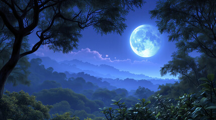 digital art piece depicting a bright full moon hanging above a lush forest under a starry night sky