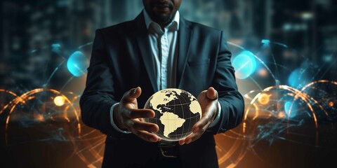 Online banking interbank payment concept. Businessman with virtual global currency symbols in hand. Money transfers and currency exchanges between countries of the world