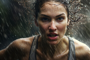 woman running in the rain, in the style of detailed facial features, close up