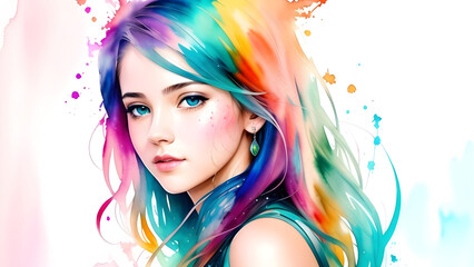 illustration water color of a beautiful asian woman with bright colorful hair