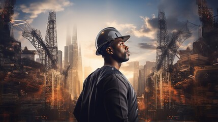 Side profile of an African American construction worker in a hard hat, gazing thoughtfully at a bustling city construction scene. - obrazy, fototapety, plakaty