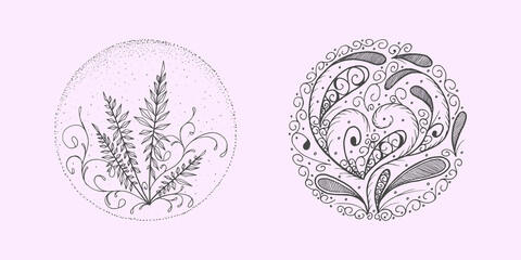 Set of abstract flower arrangements on a purple background