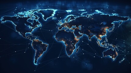 This image captures the essence of global connectivity with a digital illustration of the Earth showcasing glowing network connections across continents.