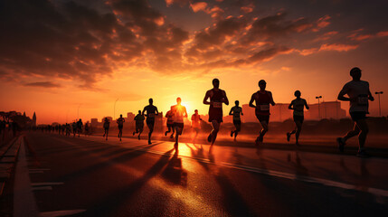 Fototapeta premium runners in the middle of a marathon race during dusk of a day, in the style of eye-catching detail, stylish