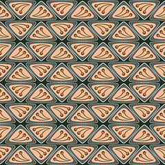 Seamless pattern in classic style. Peach fuzz and green colours. Rounded triangles with floral element. Stilized geometrical ornament from repeating triangles. For printing design projects and cards.