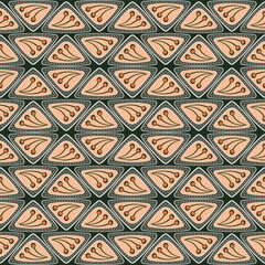 Seamless pattern in classic style. Peach fuzz and green colours. Rounded triangles with floral element. Stilized geometrical ornament from repeating triangles. For printing design projects and cards.