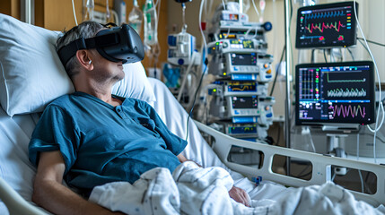 Photograph of one man in a hospital bed wearing a VR headset.