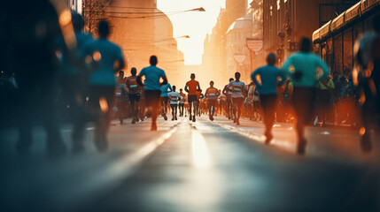 people running in the street during a marathon, in the style of eye-catching detail, dark orange...