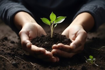 Nurturing growth. Worn hands tending a young seedling in rich soil