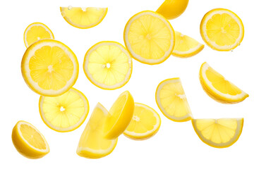 lemon slices flying isolated on white background