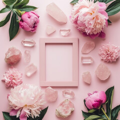 Flat Lay arrangement with Empty picture frame surrounded by Pink Crystals and Peony Flowers