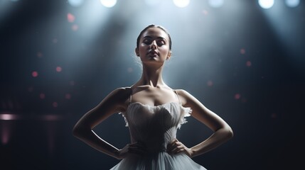 Fototapeta na wymiar A ballerina on stage in the spotlight performs a Swan dance