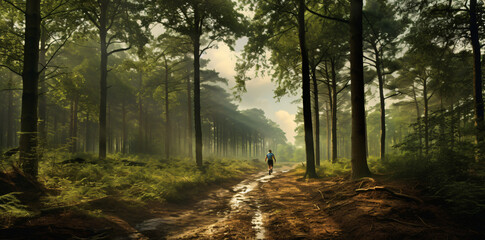 man running through woods, in the style of photo-realistic landscapes, dutch landscape, wimmelbilder


