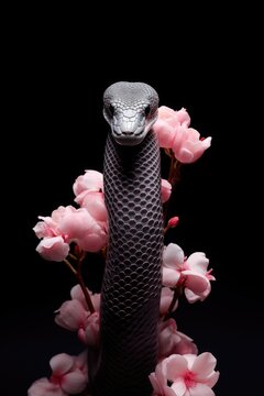 Mystic snake and pink flowers on black background. King snake wrapping around colorful flowers. Floral illustration in vintage style. Exotic pet portrait