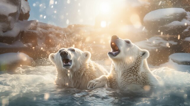 Polar bears frolic in a pond under bright sunlight with falling snowflakes glistening in the rays of the sun