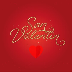 San Valentin gold script lettering with red heart on gradient background