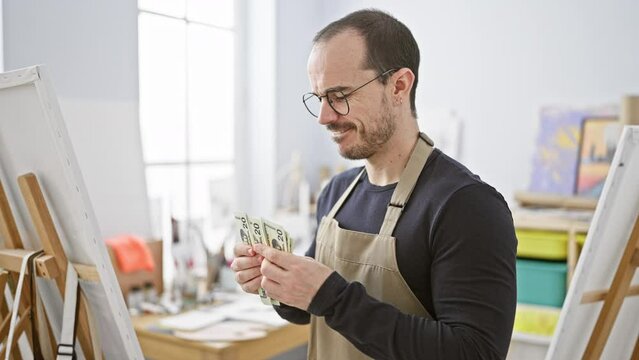 Bald bearded man in glasses counting us dollars in an art studio with easel.
