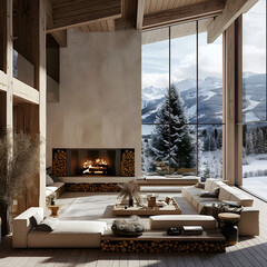 a cozy living room in a wooden chalet, big fireplace, stacked firewood, big window with views of ski slopes, modern natural beige decor, winter, snowy. 3d render. - obrazy, fototapety, plakaty