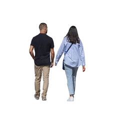 Vue de dos d’un homme et d’une femme adultes marchant côte à côte au printemps, en tenue...
