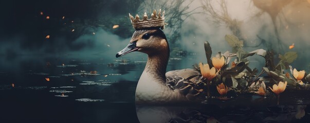 Obraz premium Duck in a crown on blurred background with flowers. Cute and funny duckling king or prince duck. Happy Easter concept