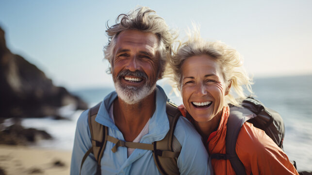 couple hiking on beach, in the style of dynamic movement and energy, joyful and optimistic, grandparentcore, cinestill 50d, close-up intensity, photo taken with provia, luxurious