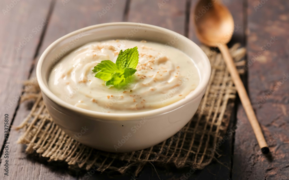 Sticker milk,cream,peanuts in bowl with spoon on wood table