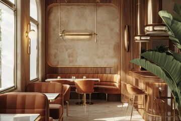 Cafe interior with sandy beige walls, caramel leather seating, and brass accents, evoking a warm and sophisticated feel