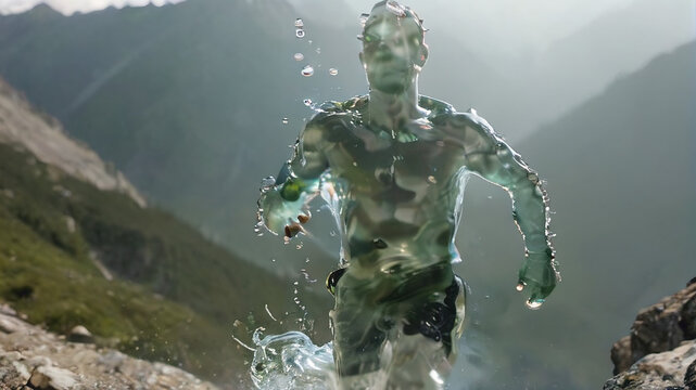  photo of an athlete made of clear water, running in the mountains, sweaty water drops