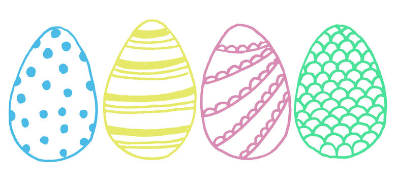 Set collection of hand drawn multicolored lined easter eggs with different dots, waves, lines.Easter party isolated elements.Isolated
