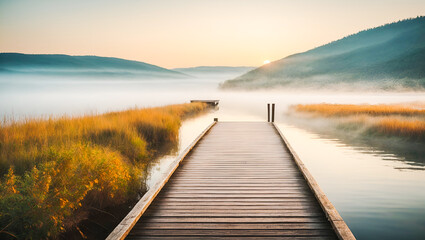 A straight flat simplistic rectangular lake dock. beautiful sunrise, foggy. calm water. Nature relax wallpaper - obrazy, fototapety, plakaty