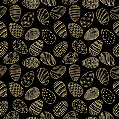 Hand drawn seamless pattern with many golden lined easter eggs with different dots, waves, lines.Easter party ornament background on golden